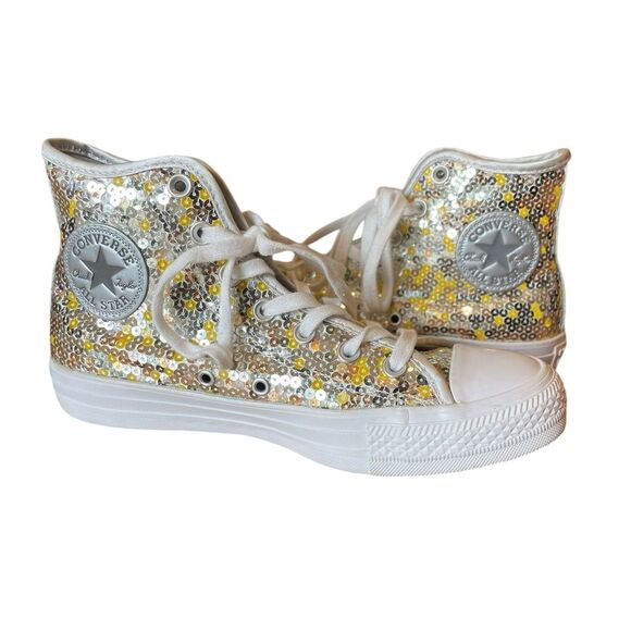 Converse Chuck Taylor All Star High Top Sneakers Sequins Yellow Gold Womens 7 - Picture 1 of 12